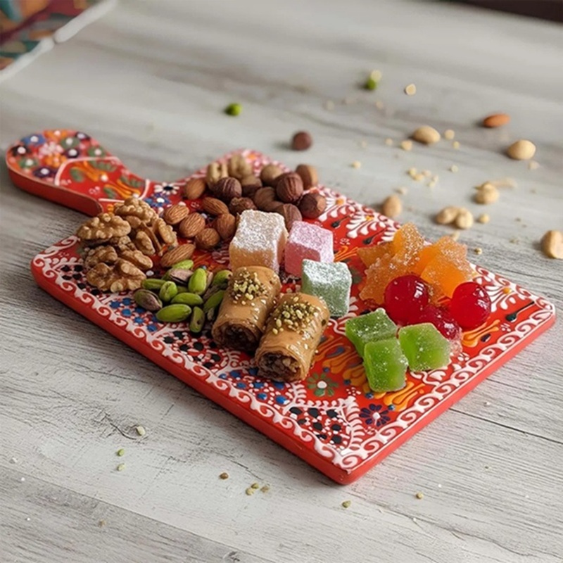 Red handpainted ceramic serving board holding nuts, Turkish delight & candies, styled on wooden surface