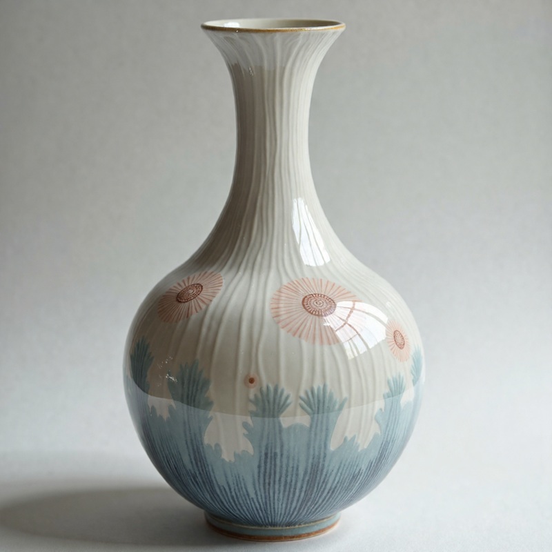 Hand-painted whimsical daisy & seaweed pattern ceramic vase - nature-inspired long neck decorative vase for home decor and floral arrangements