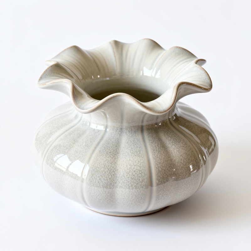 Ice-crackle beige textured ceramic vase (petal rim + melon ridges) — earthy small table decor