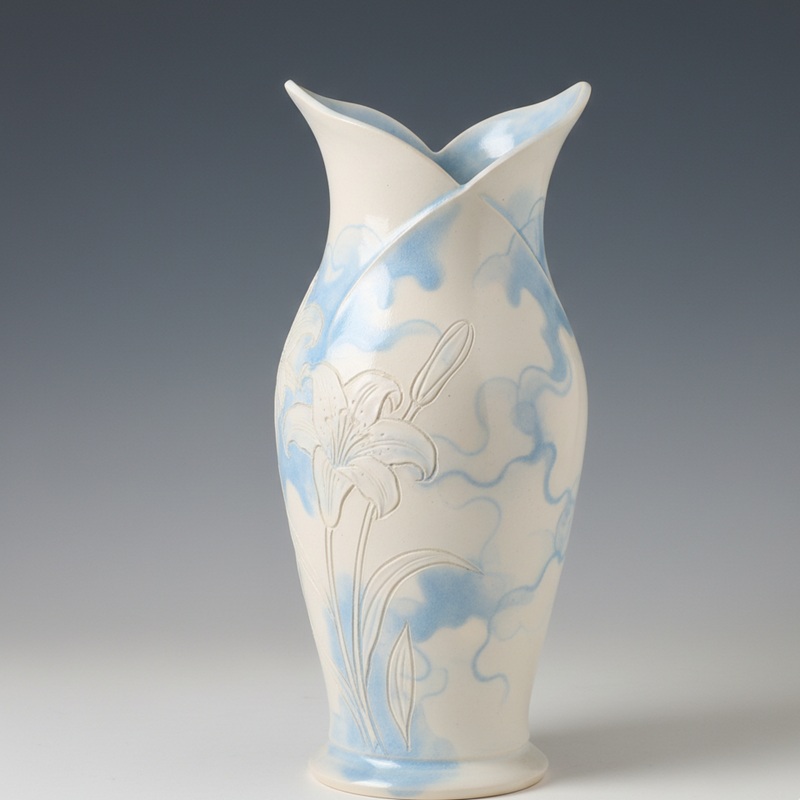 blue and white unique-edged ceramic vase with engraved Lily