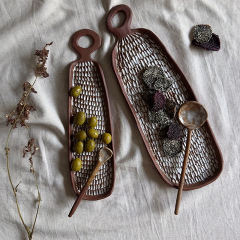 Large & small textured ceramic serving trays — handle design for easy carrying